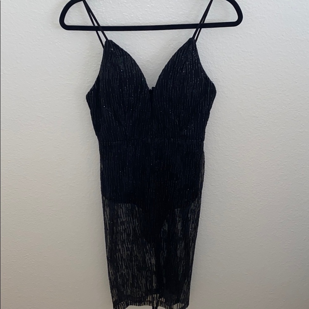 Lucy Wang Sequined Black Bodysuit Dress - Medium